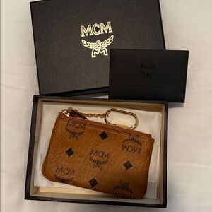 MCM Cognac Monogram Pouch with Gold Chain